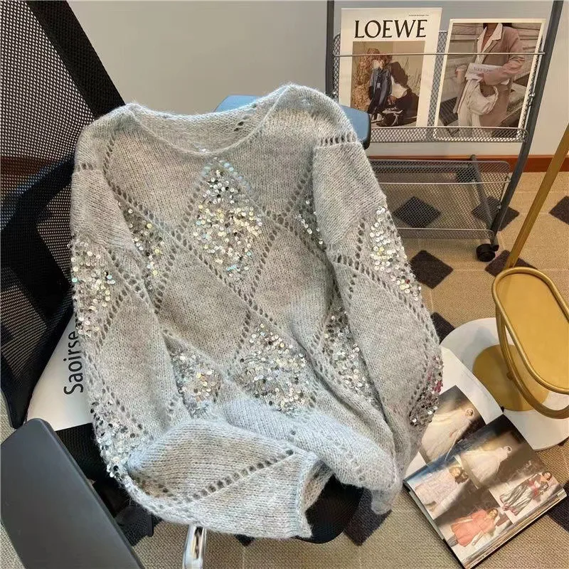 

Lattice-knit women's new heavy-duty sequin loose and laid-back style lightweight sweater with patchwork long-sleeved top trendy