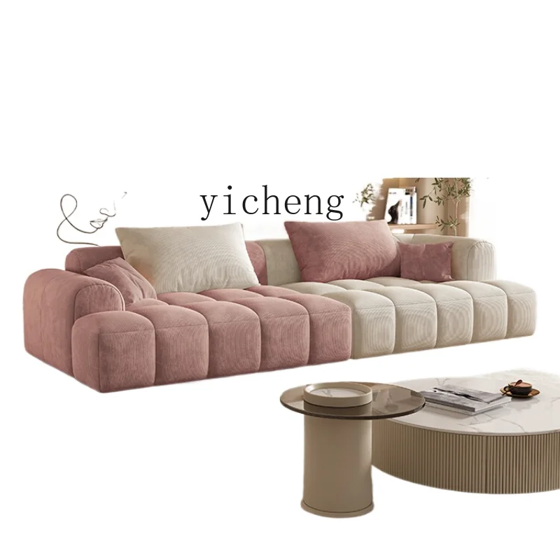 

ZC Cream Style Tofu Square Puff Corduroy Ice Crytal Velvet Living Room Sofa Straight Row Simple Fabric Sofa