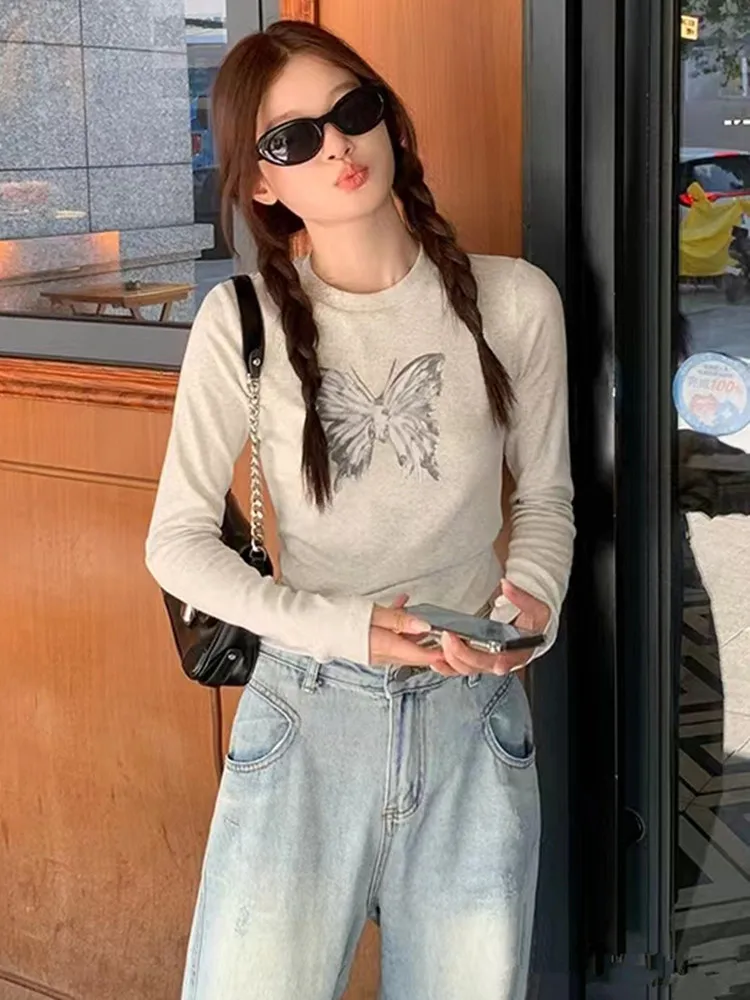 STSVZORR Y2K grey long-sleeved t-shirt 2023 Women Autumn New Slim Butterfly Print Short Tops