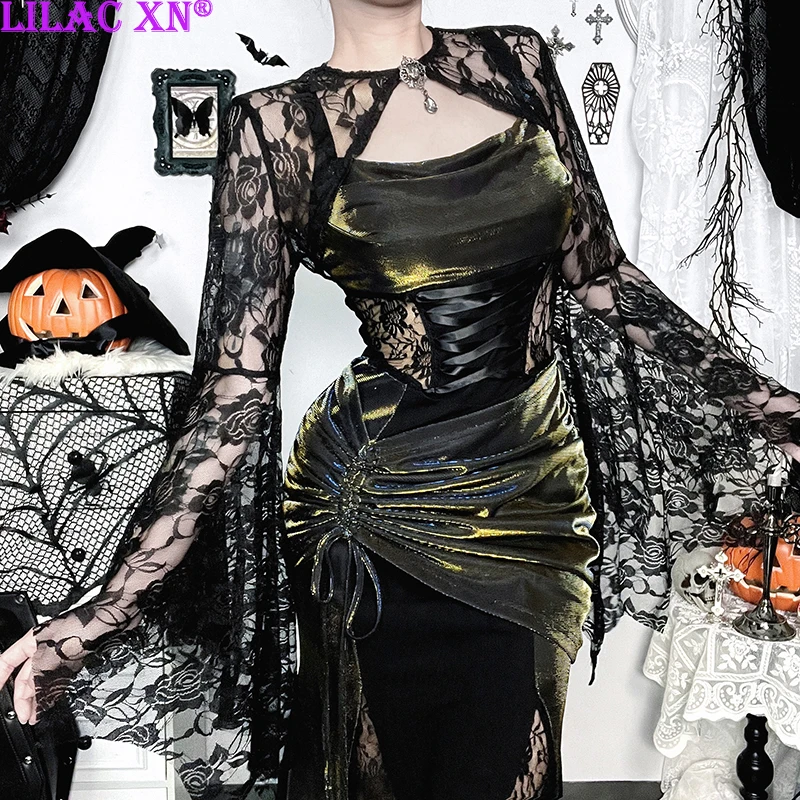 

Y2K Vintage Sexy Flower Lace Mesh See Through Flared Sleeve Smock Goth Black Cover ups Crop Tops Women Autumn Fashion Outfit