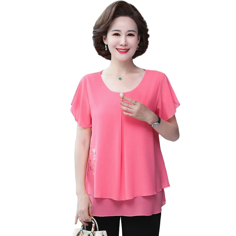 Summer short sleeve Tops Female O Neck Blouse Women Shirt Middle Aged Mother Loose Solid Chic Casual Blouses