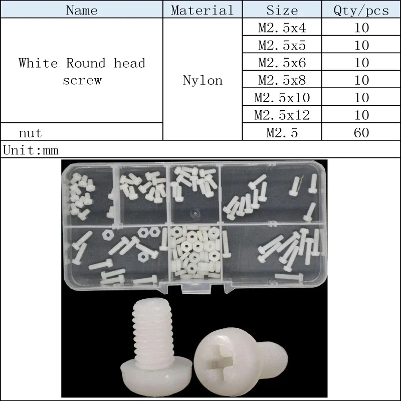 M2 M2.5 M3 M4 M5 M6 Bolt and Nut Set White Nylon Plastic Machine Screw Cross Round Head Phillipis Screw Classification Box Kit
