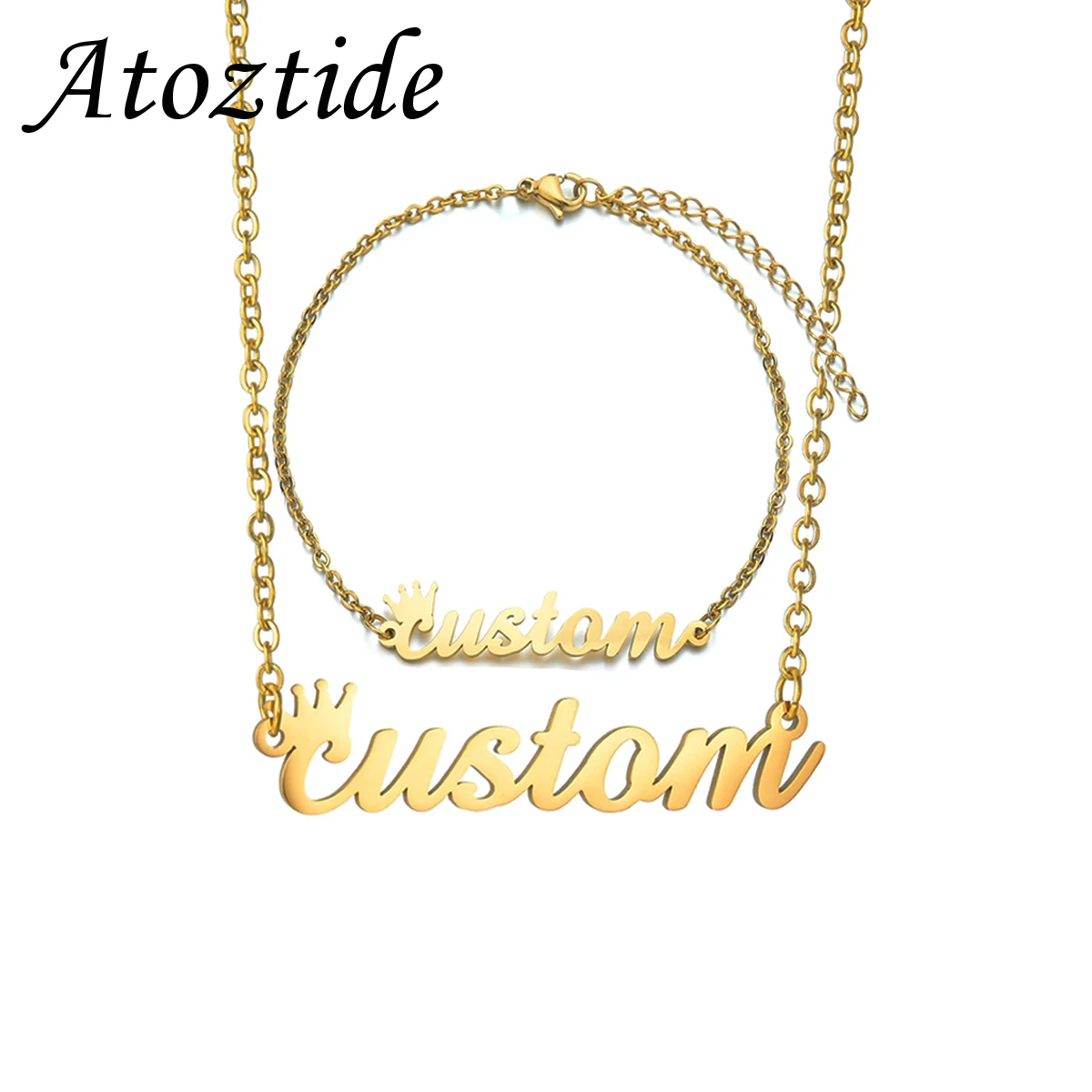 Atoztide Personalized Custom Bracelet and Necklace Jewelry Set Crown Heart Pendant Stainless Steel For Men Bangle Birthday Gift