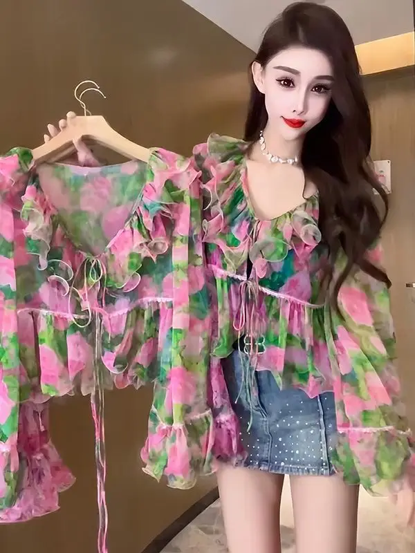 

2026 New Summer Women Shirt V-neck Ruffled Long Sleeved Floral Shirt Top
