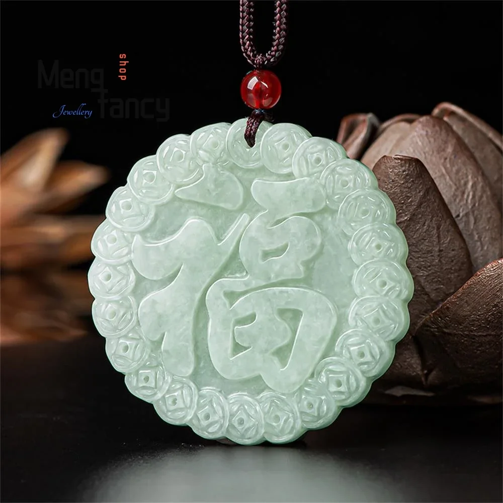 Natural A-goods jadeite Glutinous Seed Antique Fu in Front of the Eyes Jade Pendant Simple Retro Handicraft Fashion Fine Jewelry