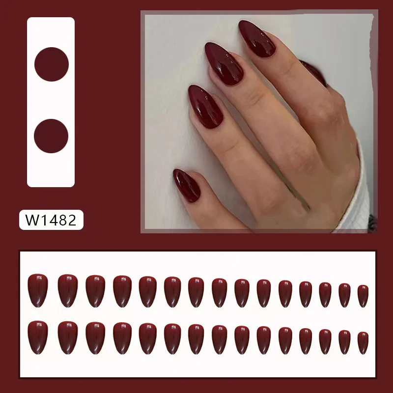 

24Pcs Simple Wine Red Fake Nail with Glue Mid-length Almond Press on False Nails Wearable Round Head Oval Full Cover Nail Tips