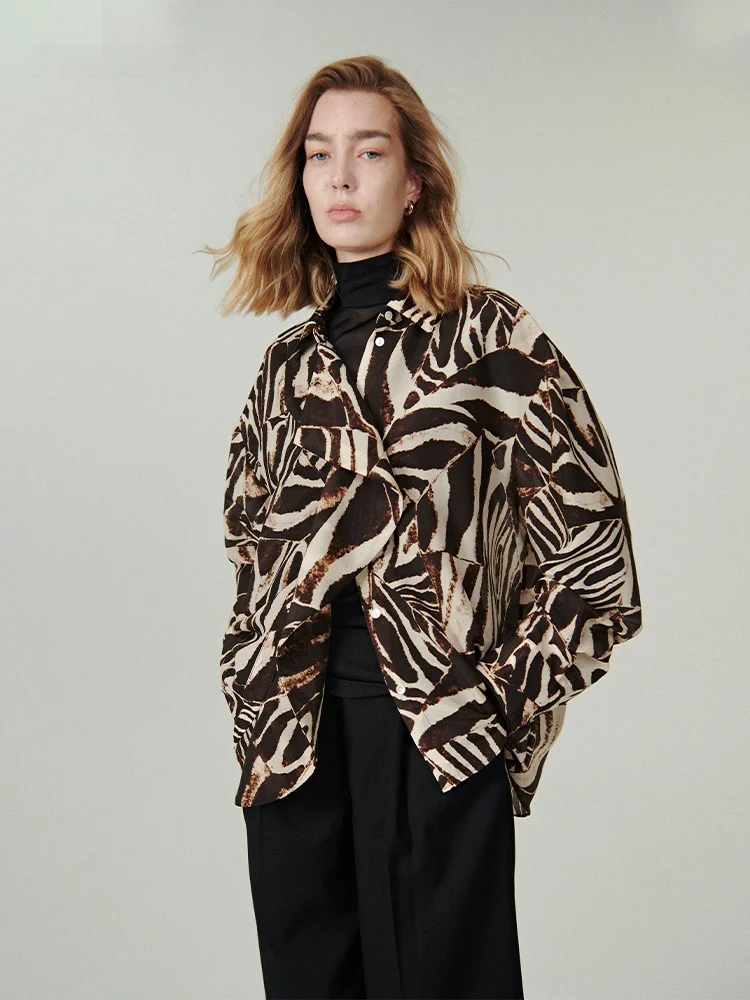 

INFFTRU2025 Silk Zebra Stripe Casual Loose Women's irt Versatile Top Faionable Vintage Sle Long Sve Autumn New Arrival