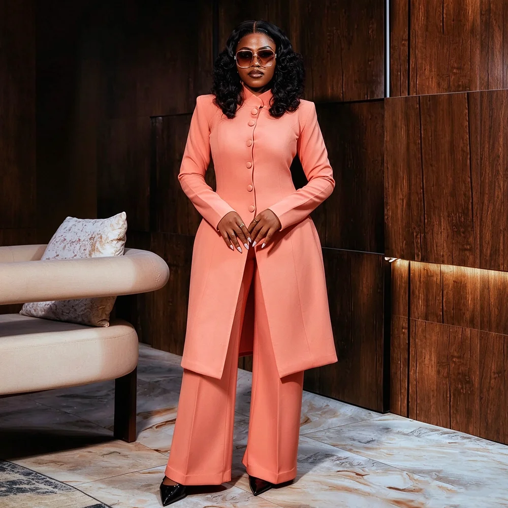Elegant Women's Suits Smart Casual Single Breasted Long Blazer 2 Piece Set Jacket+Wide Leg Pants Female Outfits Customized