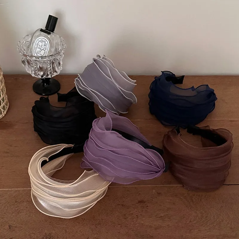 Women Elegant Organza Ruffled Wide Headband Soft Non Slip Hair Hoop for Daily Office Dating Party Hair Accessories