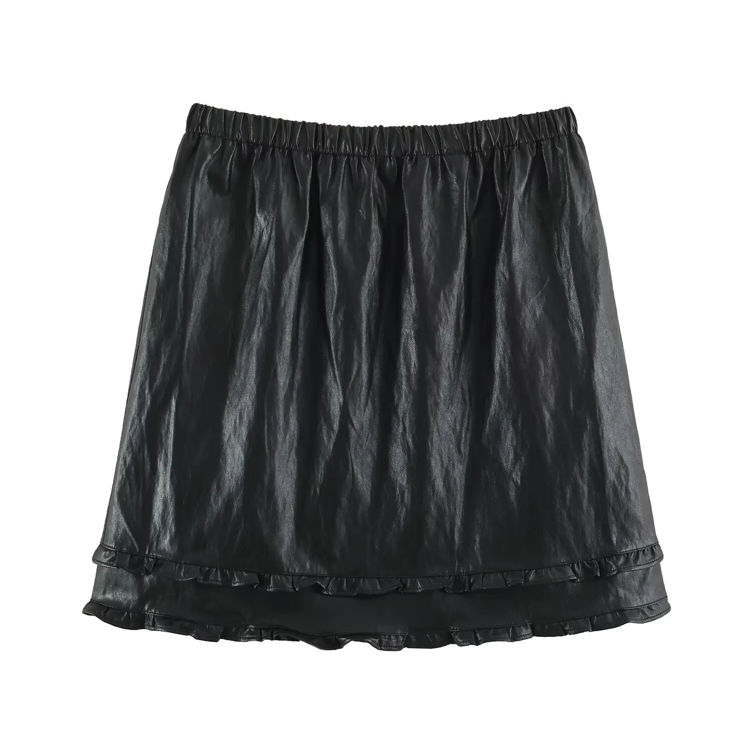 Faux PU Leather A-line Women's Mini Skirt Autumn Winter Double Ruffle Hem Casual Short Skirts American Style Elastic Waist Skirt