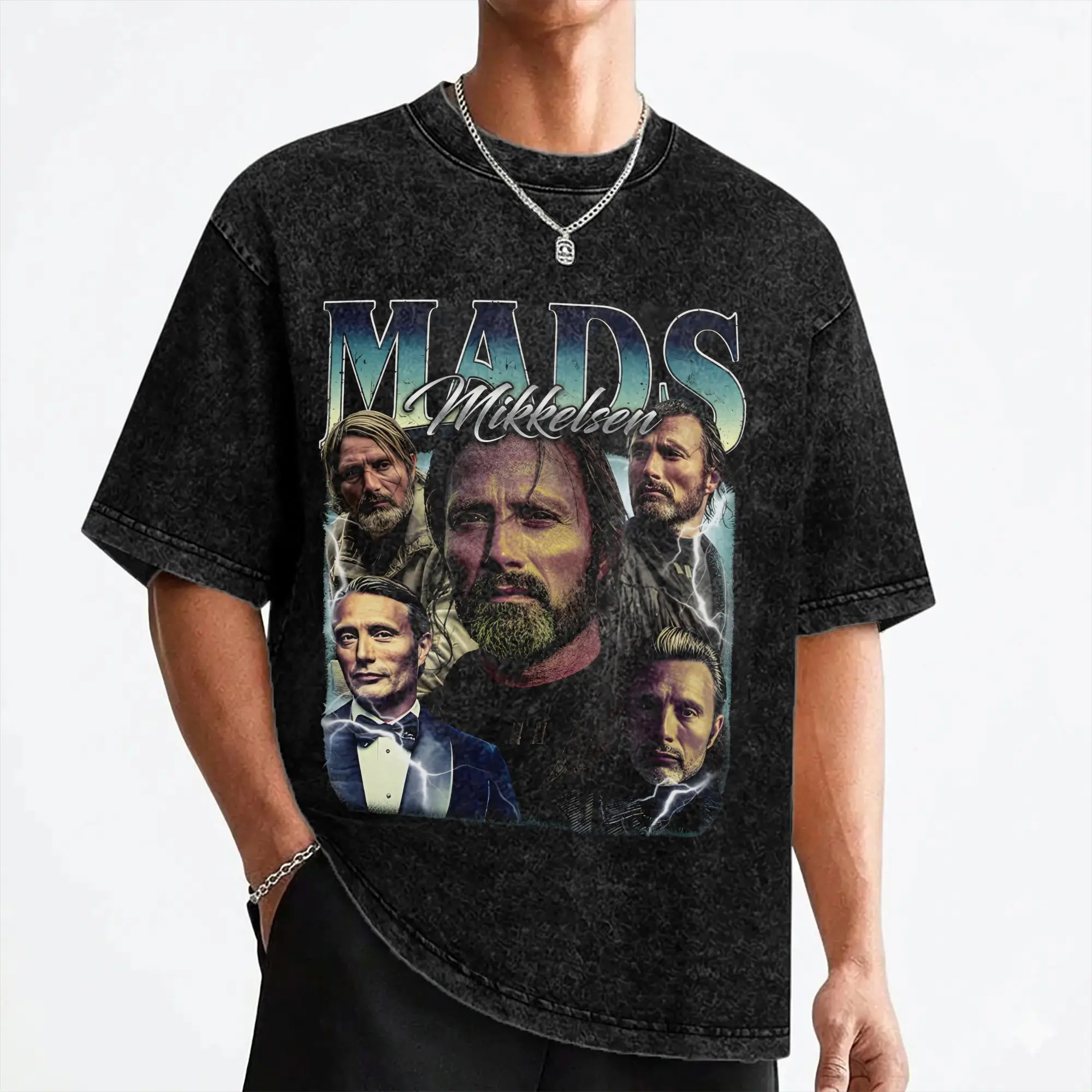 Mads Mikkelsen Actor T Shirts Washed Short Sleeve Street T-Shirt  Vintage Men Women Streetwear Printed Tees