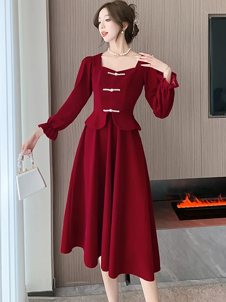 Red Patchwork Elegant Luxury Wedding Dress for Ladies Autumn Winter Long Sleeve Bodycon Prom Dress 2024 Korean Vintage Vestidos