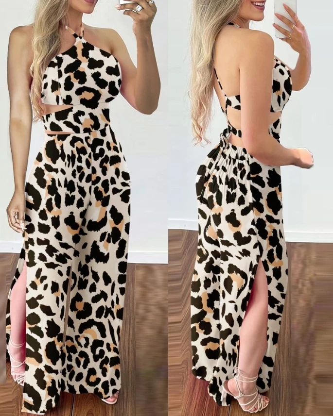 Jumpsuit Women 2025 Spring New Leopard Print Halter Sleeveless Jumpsuit Casual Backless Loose Fit Slit Lace Up Wide-Leg Rompers