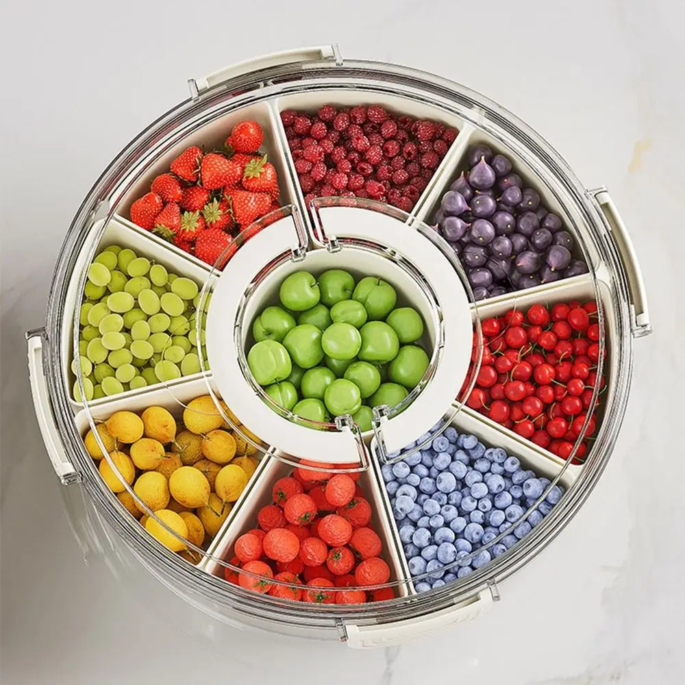 Plastic Divided Serving Tray 9 Girds Large Capacity Round Seasoning Fruit Box with Lid and Handle Sealed Fruit Snack Organizer