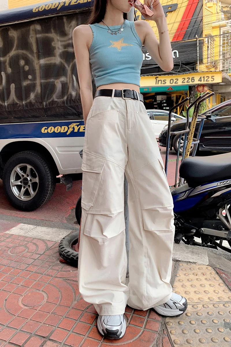 ZMAYC-Pantalon Cargo Y2K pour Femme, Vintage, Solide, Baggy, Droit, FjFéminin, Streetwear, Décontracté, Jambes Larges, Taille Haute