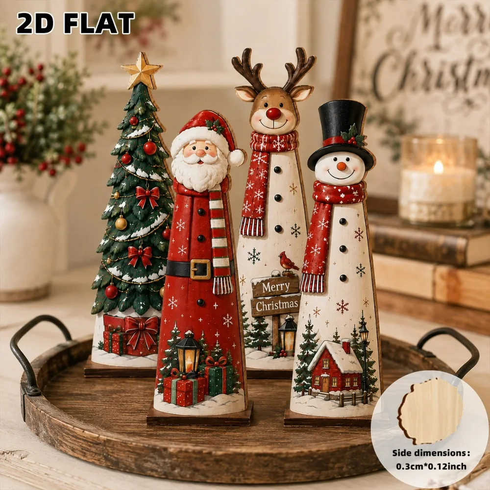 2D Flat 4pcs Christmas Wooden Extended Version Even Cuter Perfect for Any Decoration An Ideal Holiday Gift for Desktop
