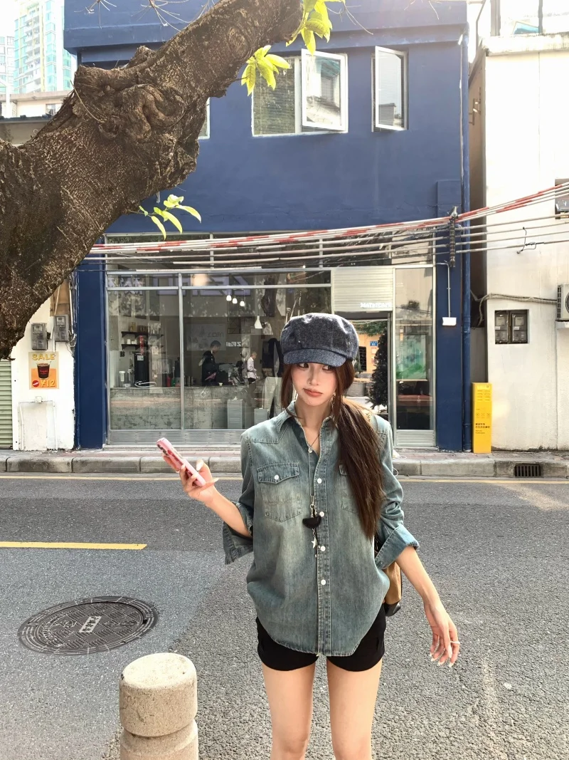 

Рубашка из выстиранного синего денима в американском ретро-стиле, свободного кроя, легкая, весенняя, женская, с длинным рукавом, повседневная, с эффектом стройности