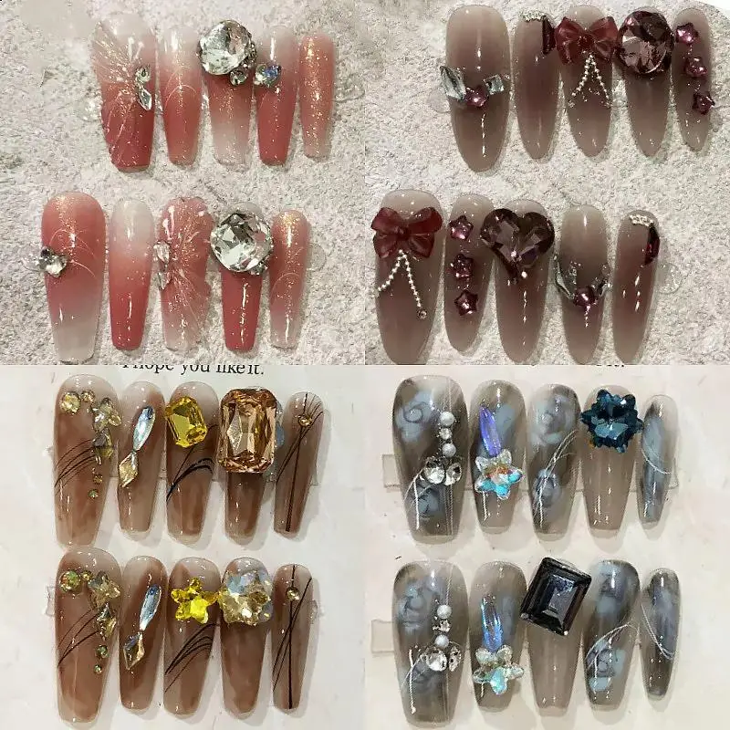 Original Diy New 41 Style Butterfly Diamond Pearl Handmade Press On Nails Long Short Design Manicure Nail Tips Girls Gift