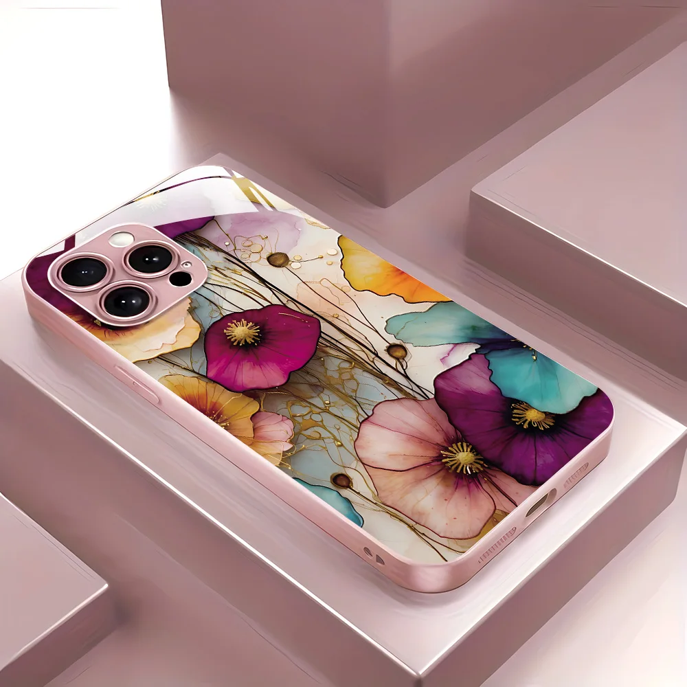 

Pink Flower Tempered Glass Case For Samsung A36 A33 A34 A35 A54 A55 5G A56 A53 A25 A13 A15 A17 A16 A26 S24 Ultra S25 S23 S22Plus