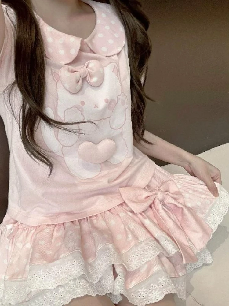 Summer Sweet Kawaii Bow Peter Pan Collar T-Shirt Women Japanese Style Cute Soft Girl Short Sleeve Tops Student Y2K Fashion New