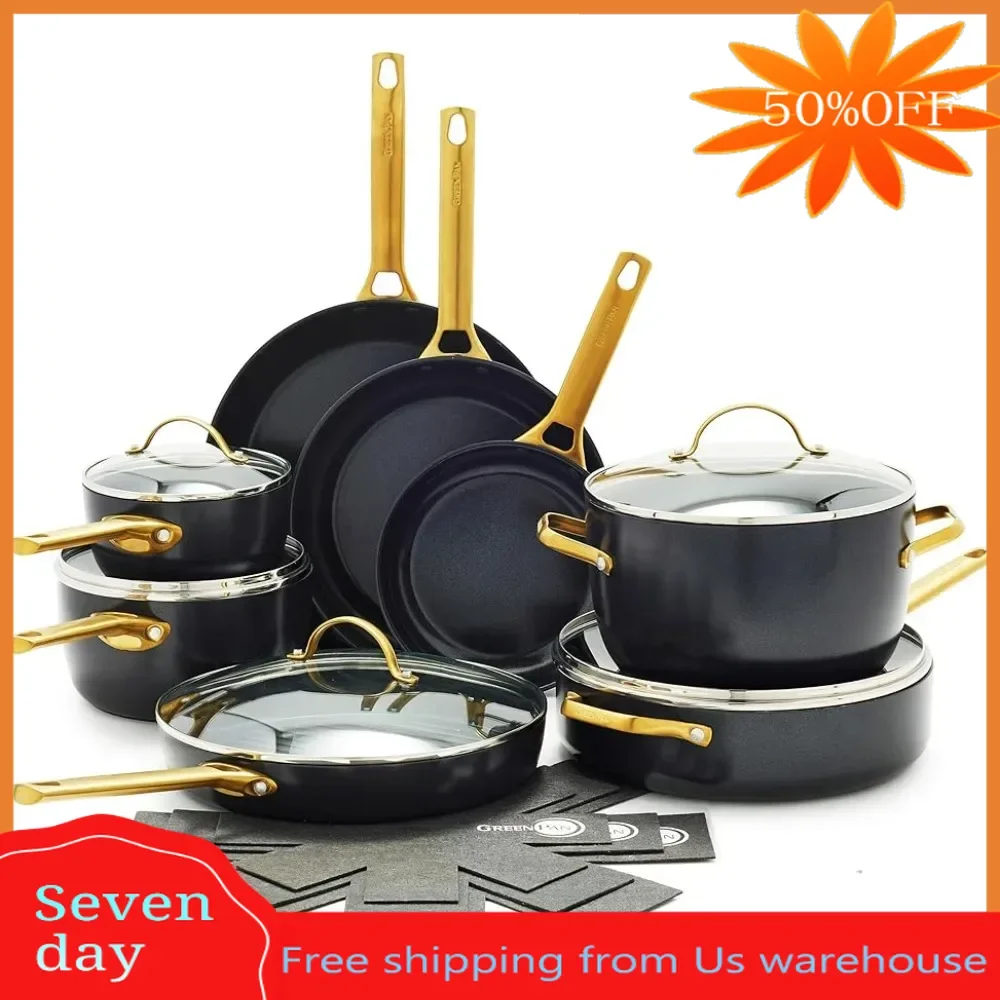 

Oven Safe Non-stick Cookware for Kitchen Cookware Set Black Reserve Hard Anodized Healthy Ceramic Nonstick PFAS-Free Gold Handle