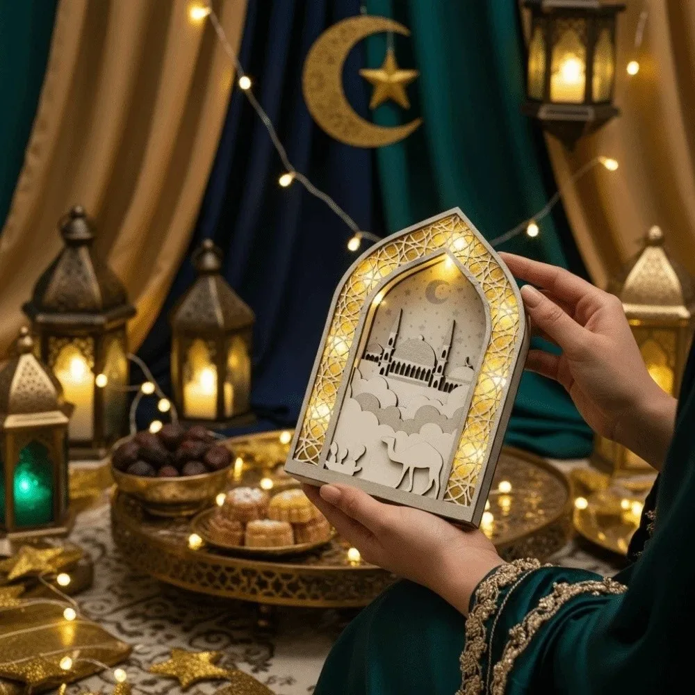 

Креативный настольный светильник-ночник в форме домика с LED-подсветкой, деревянное украшение с резным изображением луны для подарков на Ид