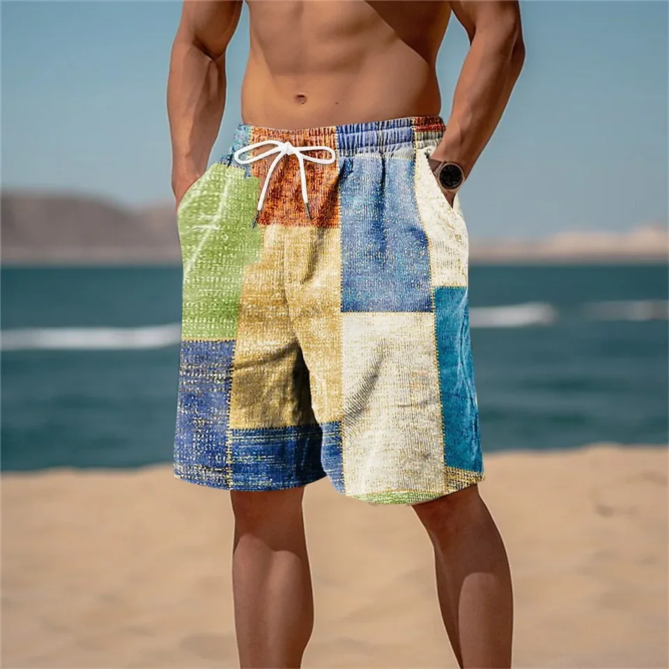 

Vintage 3d Printed Color Blocks Shorts Men Striped Plaid Outdoor Sports Short Pants Retro Casual Elastic Waistband Loose Shorts