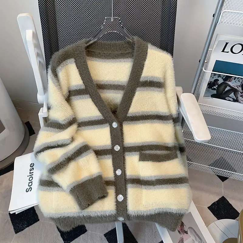 Gentle Striped Sweater Jacket for Women Vintage Japanese Style Loose and Lazy Style Clothing Knitted Cardigan Spring and Autumn