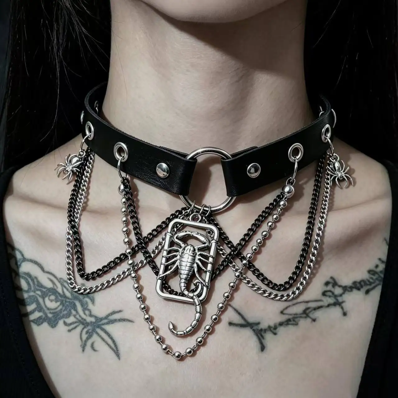Dark style Punk Unique personality  Minority group Scorpion  Spider Square-shaped pendant Black  Tassel Rivet Collar chain