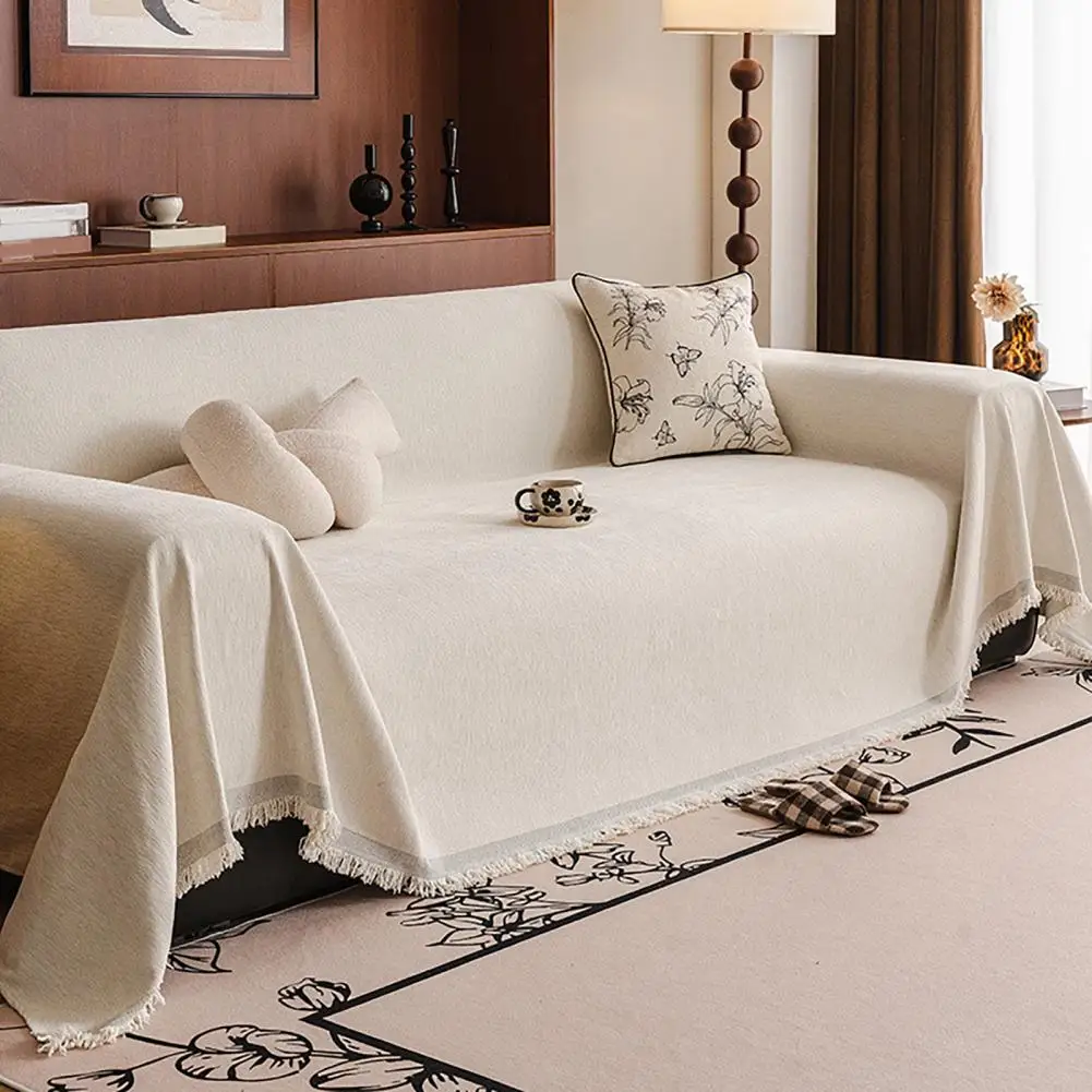 Durable Sofa Cover Chenille Sofa Cover One-piece Design Soft Touch Fabric Furniture Protector Tassel Lace Solid Color for Sofas