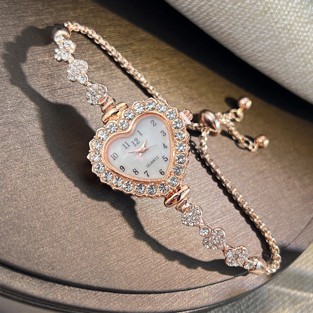 New Fashion Heart-shaped Ribbon-Strap Diamond-Studded Flower Watch for Women with Adjustable Bracelet