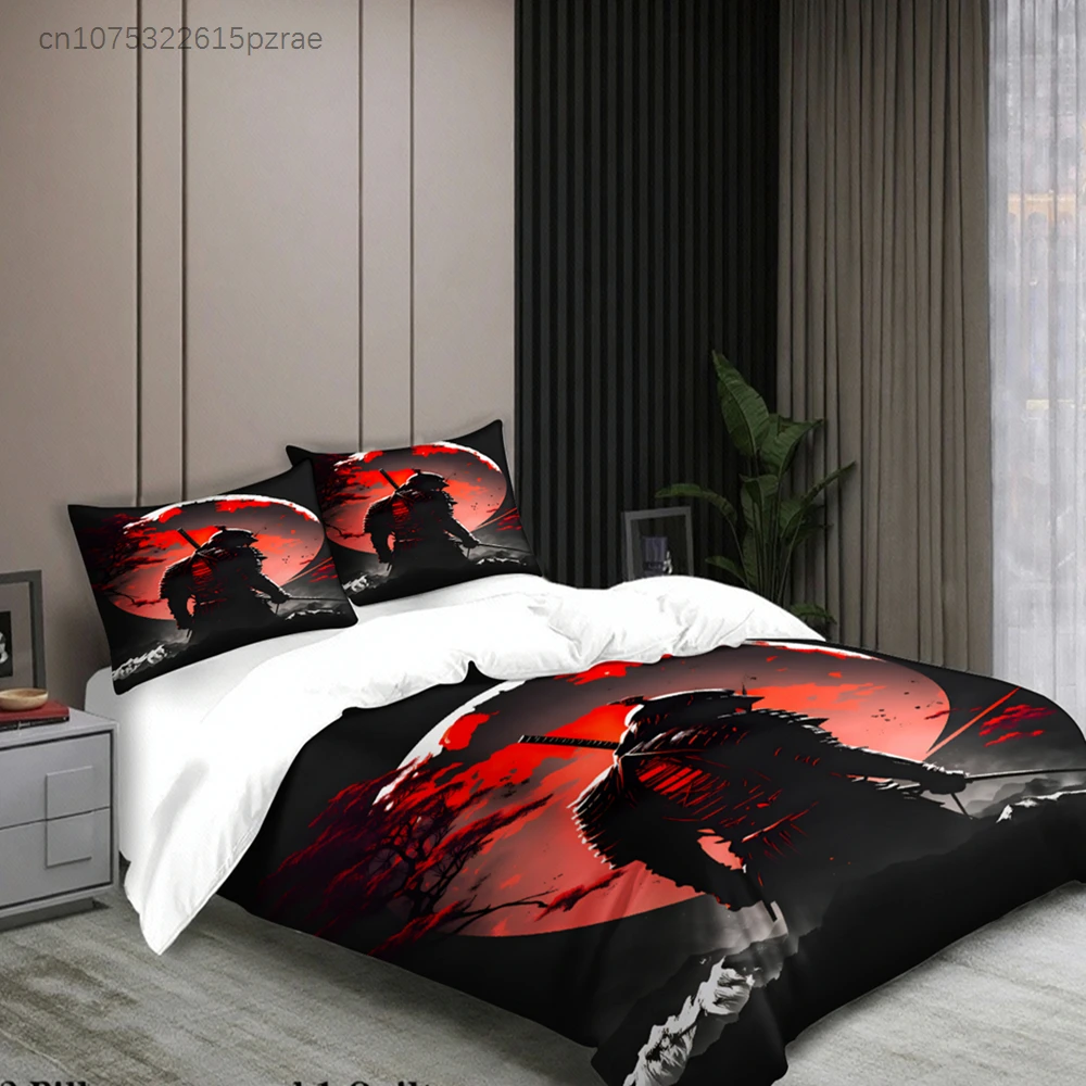 3pcs Samurai Warrior Bedding Sets 3D Printed Red Moon And Shadow Duvet Cover Sets With Pillowcases No Filling