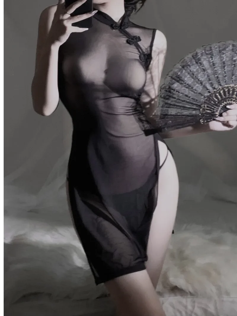 

Chinese Style Cheongsam Spicy Girls Sexy High Split Cheongsam Transparent Mature Charm Sexy Mesh War Robe Underwear Dress YY2L