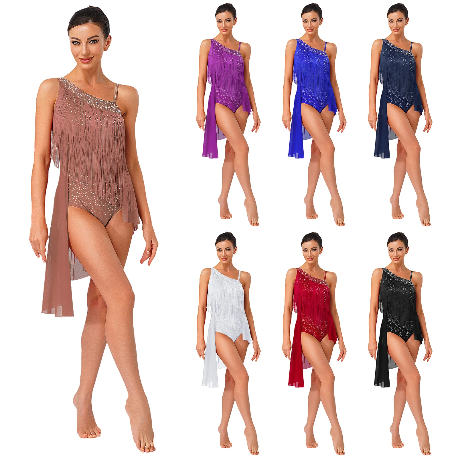 Women Tassel Latin Dance Leotard Dress Asymmetrical Shoulder Rhinestones Figure Skating Cha-cha Samba Tango Performance Costume