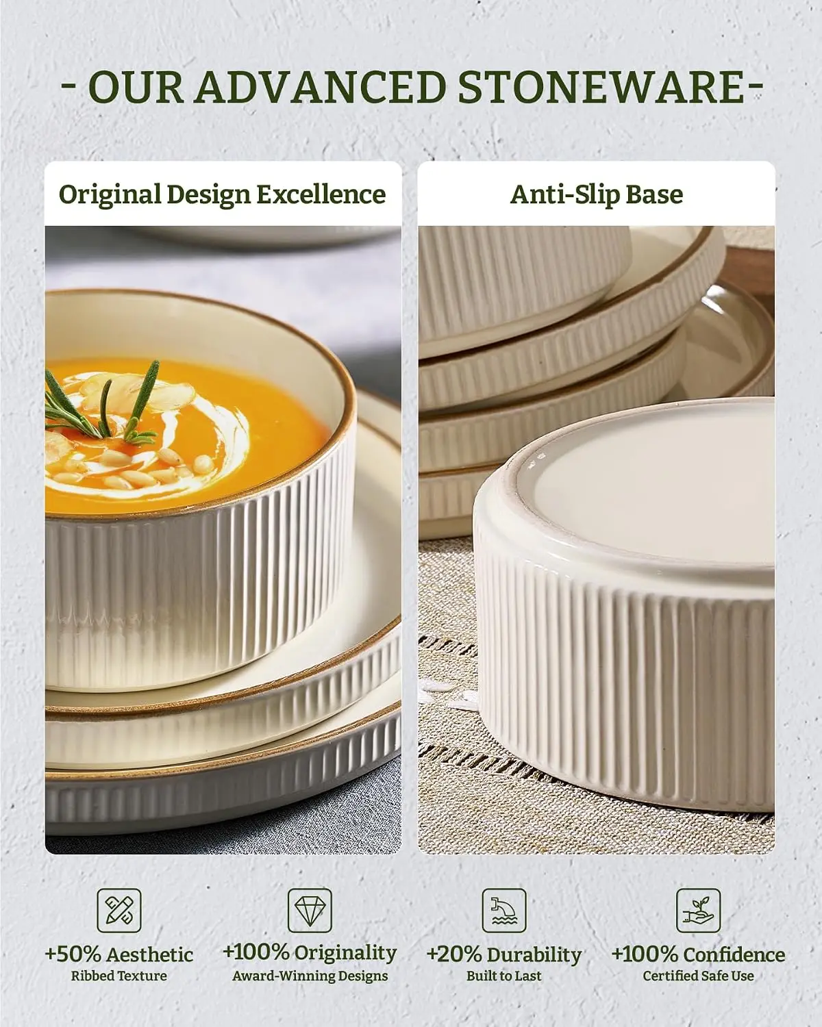 Ceramic Plates and Bowls Sets with Trim, 24pc Ribbed Dishes for 8 | Stoneware Dinnerware, Lipped Edges, Chip & Scratch Resistant view 4