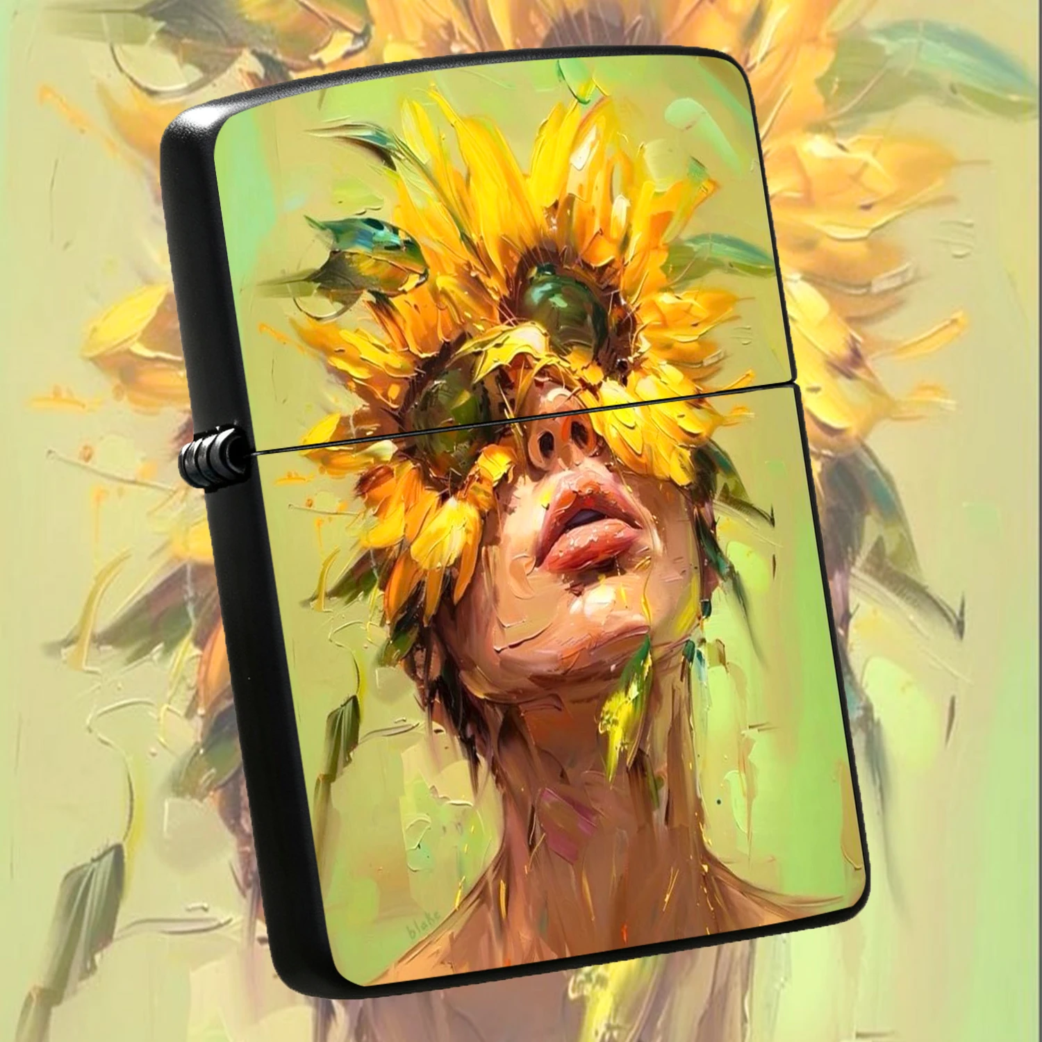 Creative Sunflower Covered Eyes Figure Oil Painting Style Lighter, Artistic Aesthetic Portable Ignition Device, Multi-Scenario Applicable Decorative Practical Item, Unique Gift Choice With Distinct Artistic Vibe For Daily Use A Humorous And