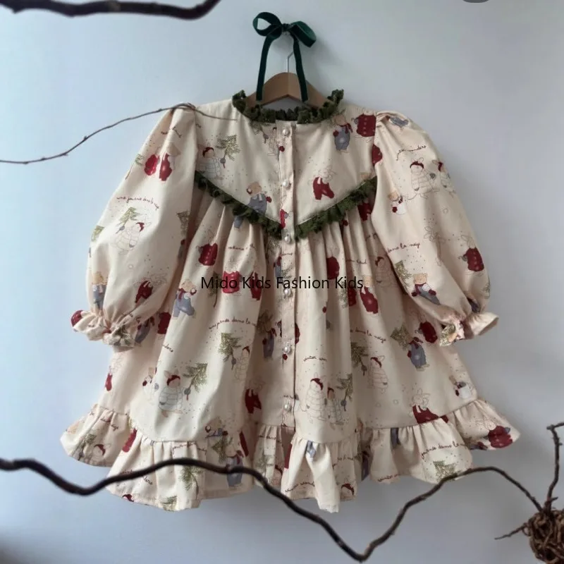 2025 INS Russian Girl Spring-Autumn Cartoon Print Pearl-Button Cardigan Children's Playful Princess Dress