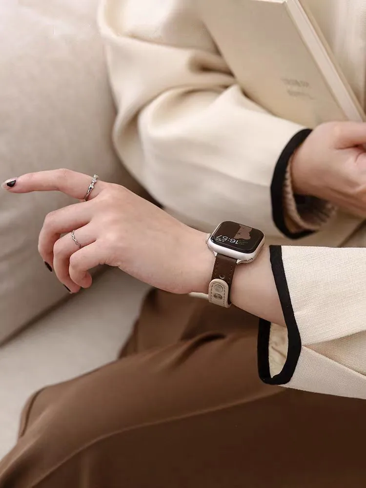 Bracelet en cuir fin pour Apple Watch, 7 8SE 6 5 4 38/42 40/44mm, pour iWatch 49Ultra 3 2 1 41/45mm, double clou