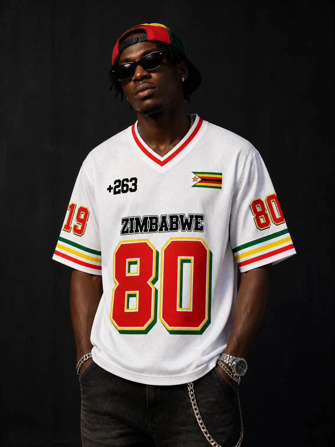 Men's and Women's Sporty Loose-fitting T-shirt with Print, Zimbabwe Style, V-neck, Short Sleeve, Casual Hip Hop Streetwear