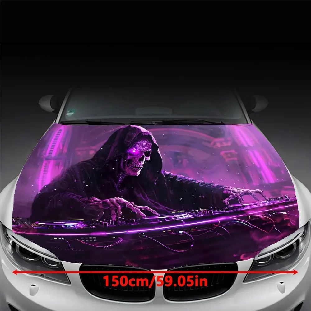 Purple Fantasy Skeleton DJ Theme Graphic Car Vinyl Wraps, Vinyl Car Hood Decal Sticker, Heat Insulation, Sun Protection, Full Gr