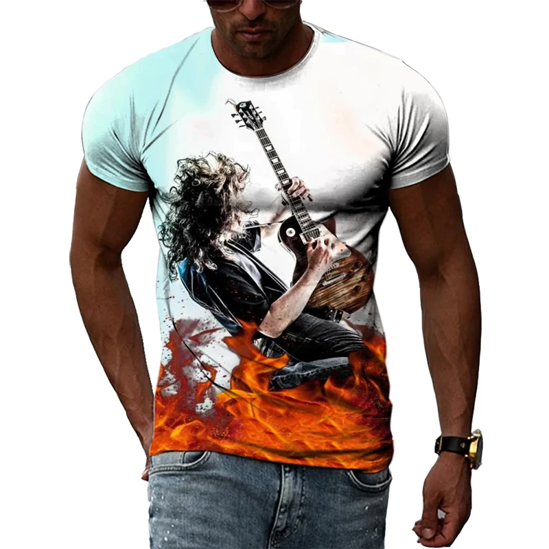 Summer Hip Hop Cool Guitar Musician Graphic T Shirts Men Casual Personality Creative 3D Printing O-neck Short Sleeve Tees Tops