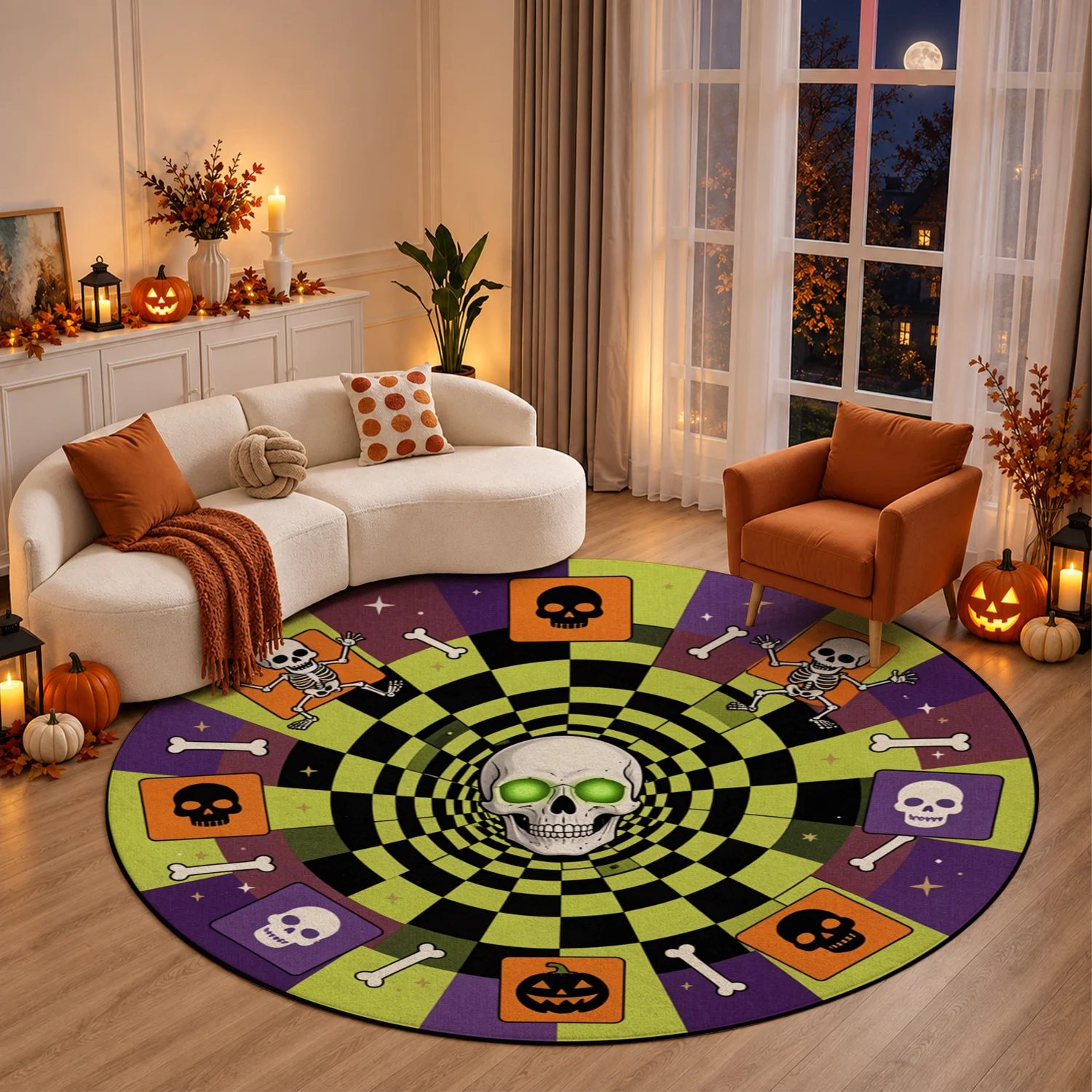 Spooky Halloween Skull Skeleton Pumpkin Pattern Round Velvet Rug, Machine Washable, Suitable for Living Room, Bedroom, Entryway, Great for Halloween, Thanksgiving, Black Friday, Christmas, New Year Festive Decor