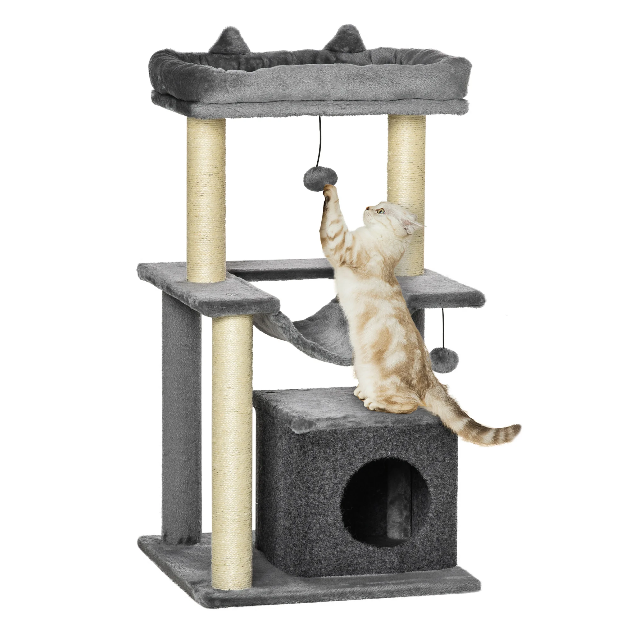 PawHut Katzenbaum 90 cm Kratzbaum mit Hängematte Katzenkratzbaum Plüsch Sisal