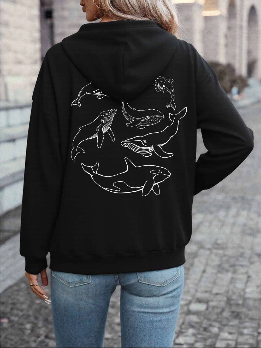 

Толстовки с принтом Dolphin Humpback Whale Orca, женские базовые свободные толстовки, зимний флисовый теплый пуловер, повседневная одежда с карманами