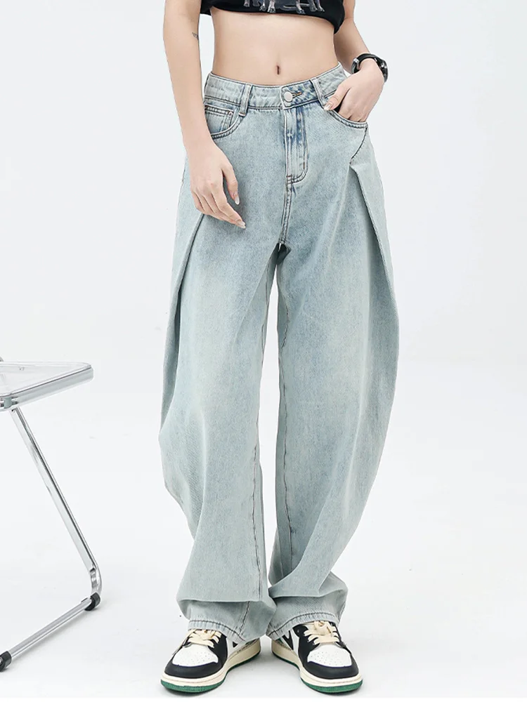 

Fashion Trend Spring Autumn 2022 High Waist Blue Fold Denim Long Casual Wide Leg Jeans New Loose Women Trousers