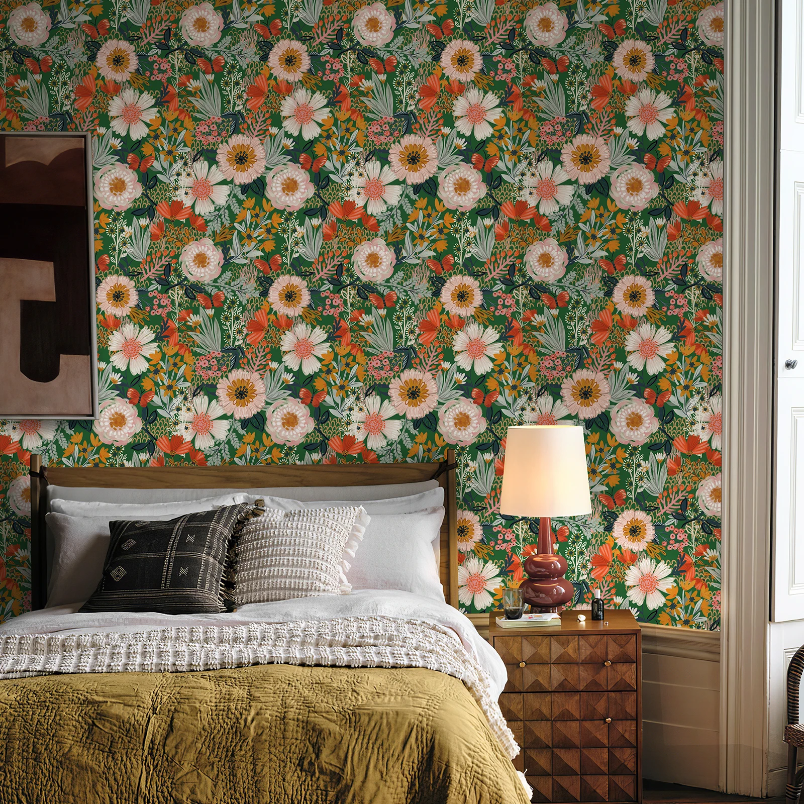 

Свежие бохо зеленые обои с кожурой и наклейкой, шикарные красные цветы, самоклеящиеся наклейки на стену для гостиной, водонепроницаемые наклейки на шкаф