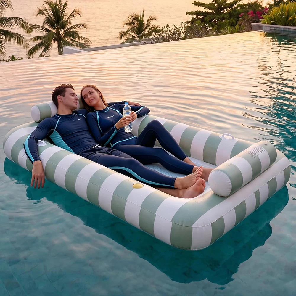 Extra Large Double Sunbathing Pool with Cooling Net Bottom, Heavy-Duty Pool Float for Adults (2 People), Daybed Bath