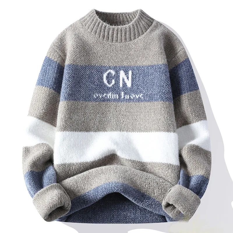 

2023 Autumn Winter New Half High Collar Men Sweater Korean Thicken Pullovers Sweater Spliced Letter Striped Male Sweater