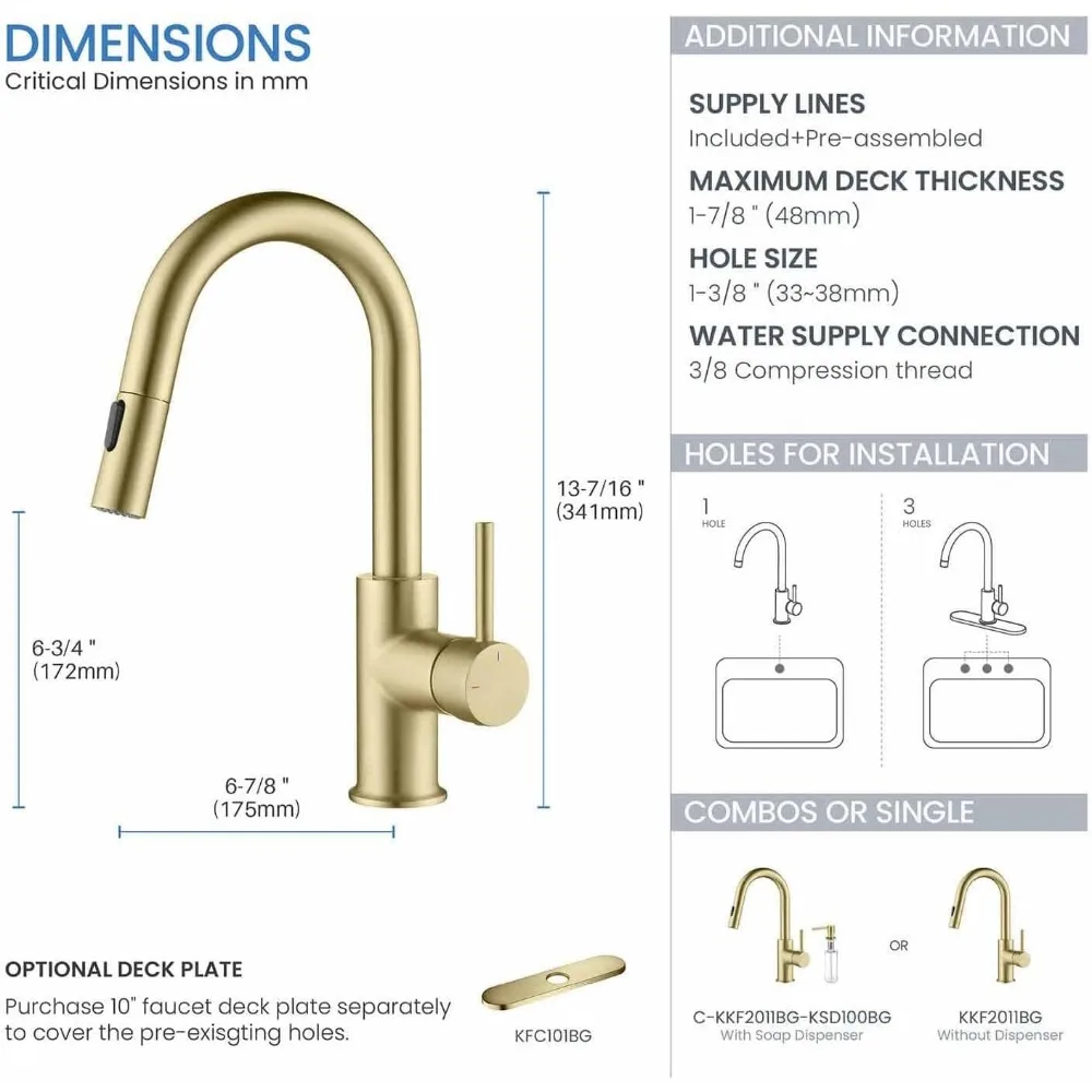 Pull-Down Kitchen Faucet with Soap Dispenser - High Arc Spout, Solid Brass, Single Handle, Brushed Gold Finish