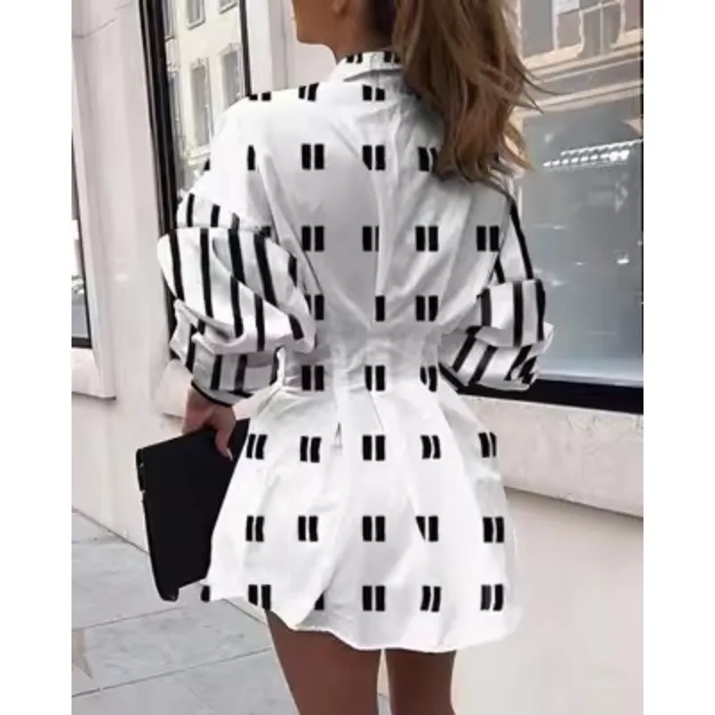 New Fashion Printed Waistband Shirt Lantern Sleeve Shirt Temperament Commuter Woman Shirt Personality Equal Size Striped Woman